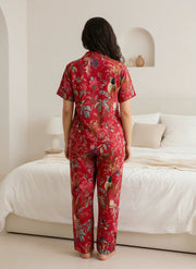 Red Cotton Floral Printed Christmas Night Suit Set for Women - SanskrutiHomes 