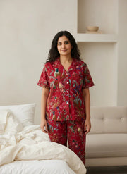 Red Cotton Floral Printed Christmas Night Suit Set for Women - SanskrutiHomes 