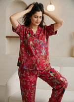 Red Cotton Floral Printed Christmas Night Suit Set for Women - SanskrutiHomes 