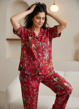 Red Cotton Floral Printed Christmas Night Suit Set for Women - SanskrutiHomes 