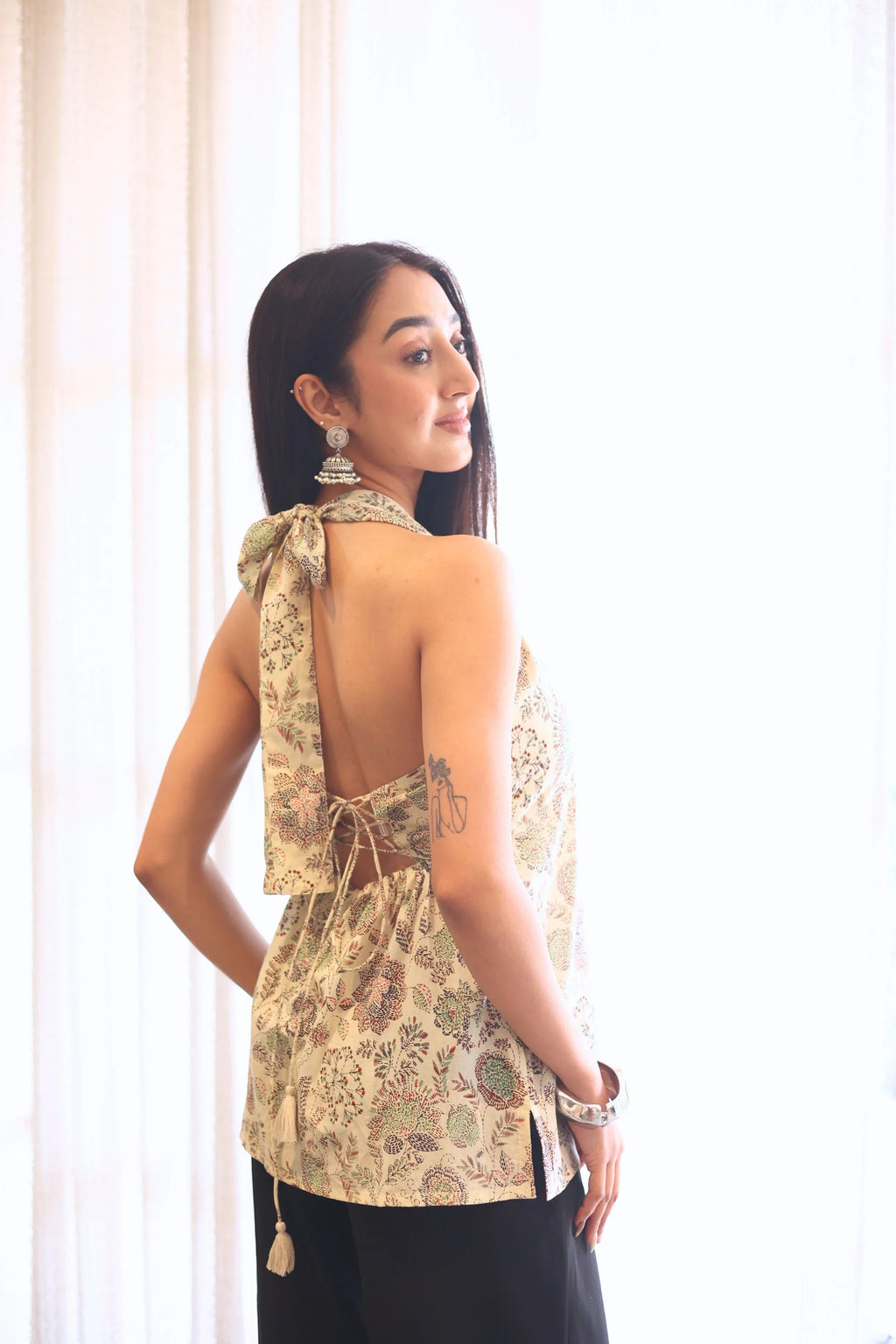 Beige Solid Cotton Tie-Up Neck Top for Women - SanskrutiHomes 