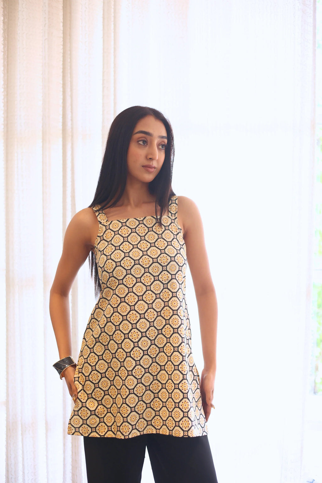 Beige Abstract Print Cotton Square Neck Top for Women - SanskrutiHomes 