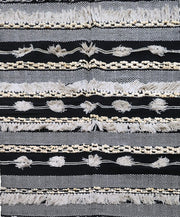 Grey & Black Stripes Print Tufted Rug With Tassels