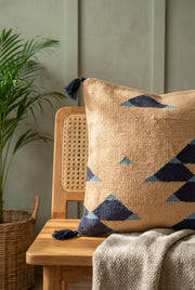 Beige Squared Geometric Print Cotton Cushion Cover With Tassels