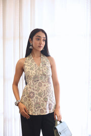 Beige Solid Cotton Tie-Up Neck Top for Women - SanskrutiHomes 