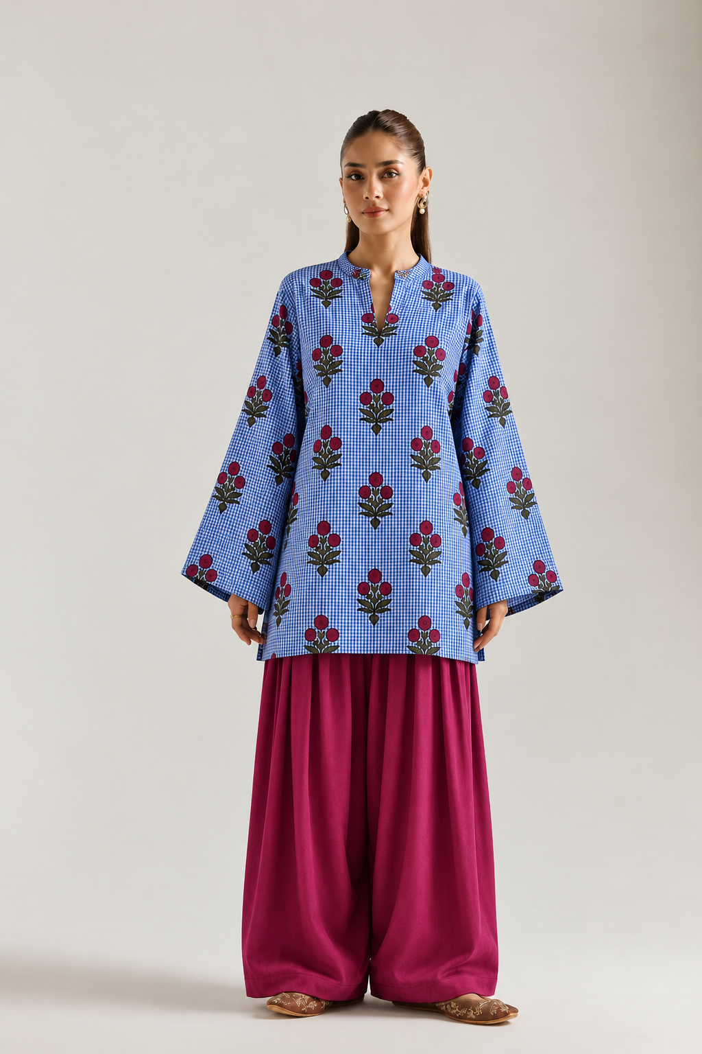 Blue Gingham Bloom Farsi Salwar Co-ord Set for Women