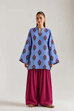 Blue Gingham Bloom Farsi Salwar Co-ord Set for Women