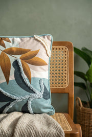 Blue & White Floral Velvet Squared Cushion Cover With Elegant Leaf Design