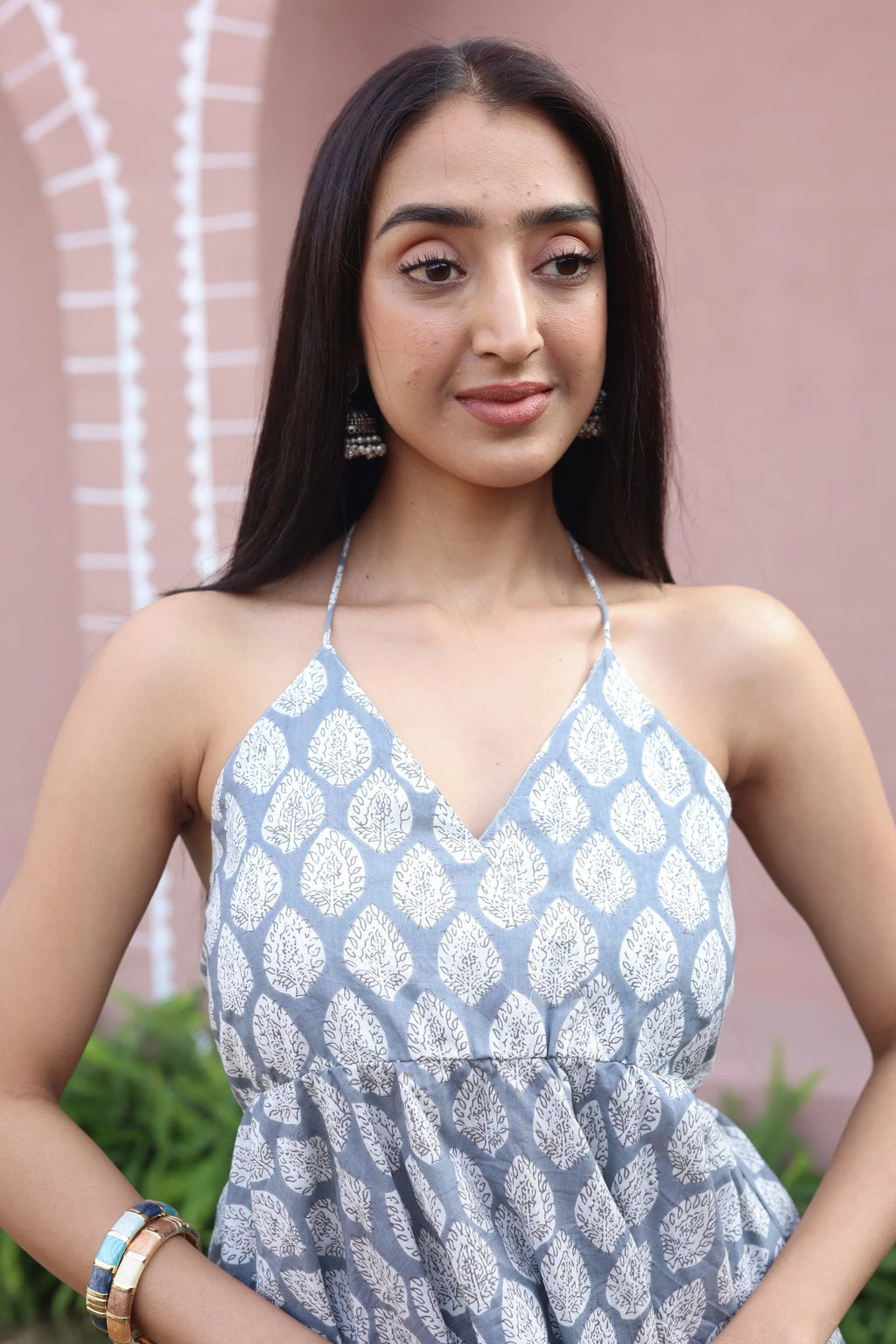 Grey Floral Print Cotton V-Neck Top for Women - SanskrutiHomes 