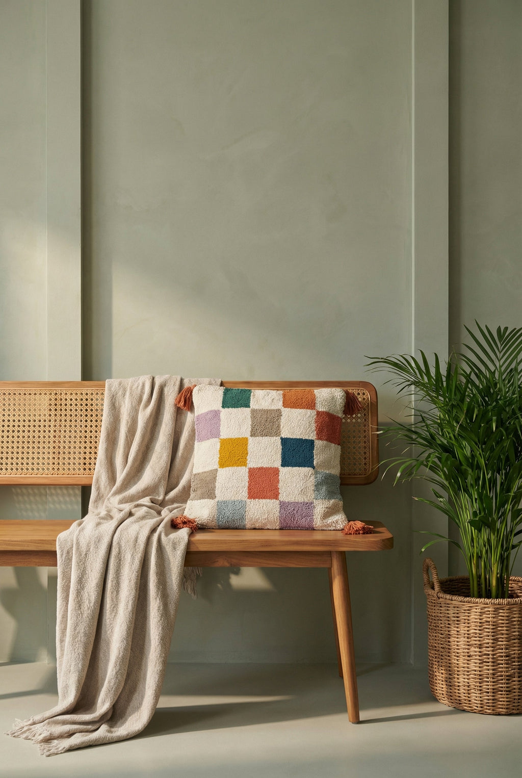 Multi Color Checks Embroidered Cotton Squared Cushion Cover With Tassels