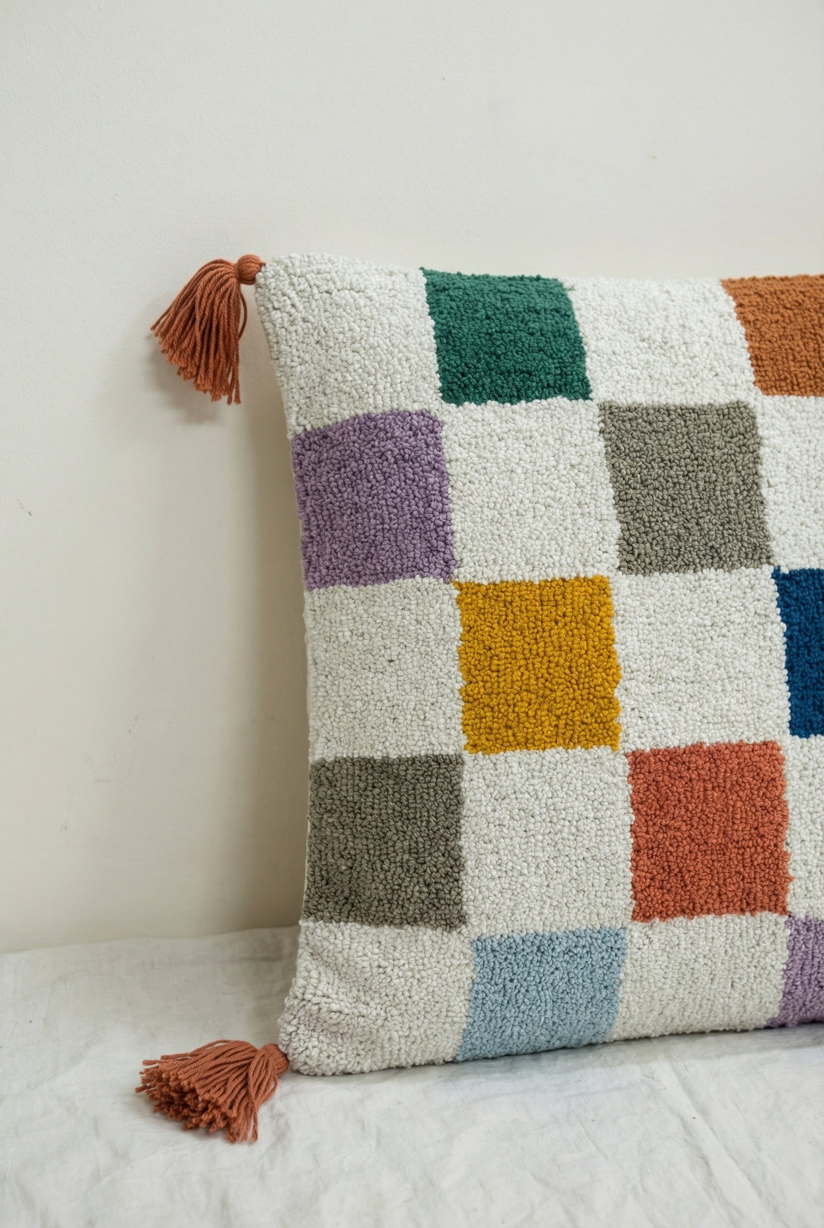 Multi Color Checks Embroidered Cotton Squared Cushion Cover With Tassels