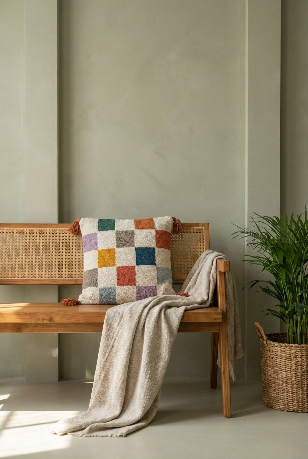 Multi Color Checks Embroidered Cotton Squared Cushion Cover With Tassels