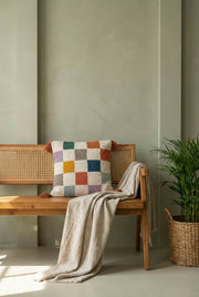Multi Color Checks Embroidered Cotton Squared Cushion Cover With Tassels
