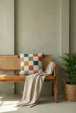 Multi Color Checks Embroidered Cotton Squared Cushion Cover With Tassels