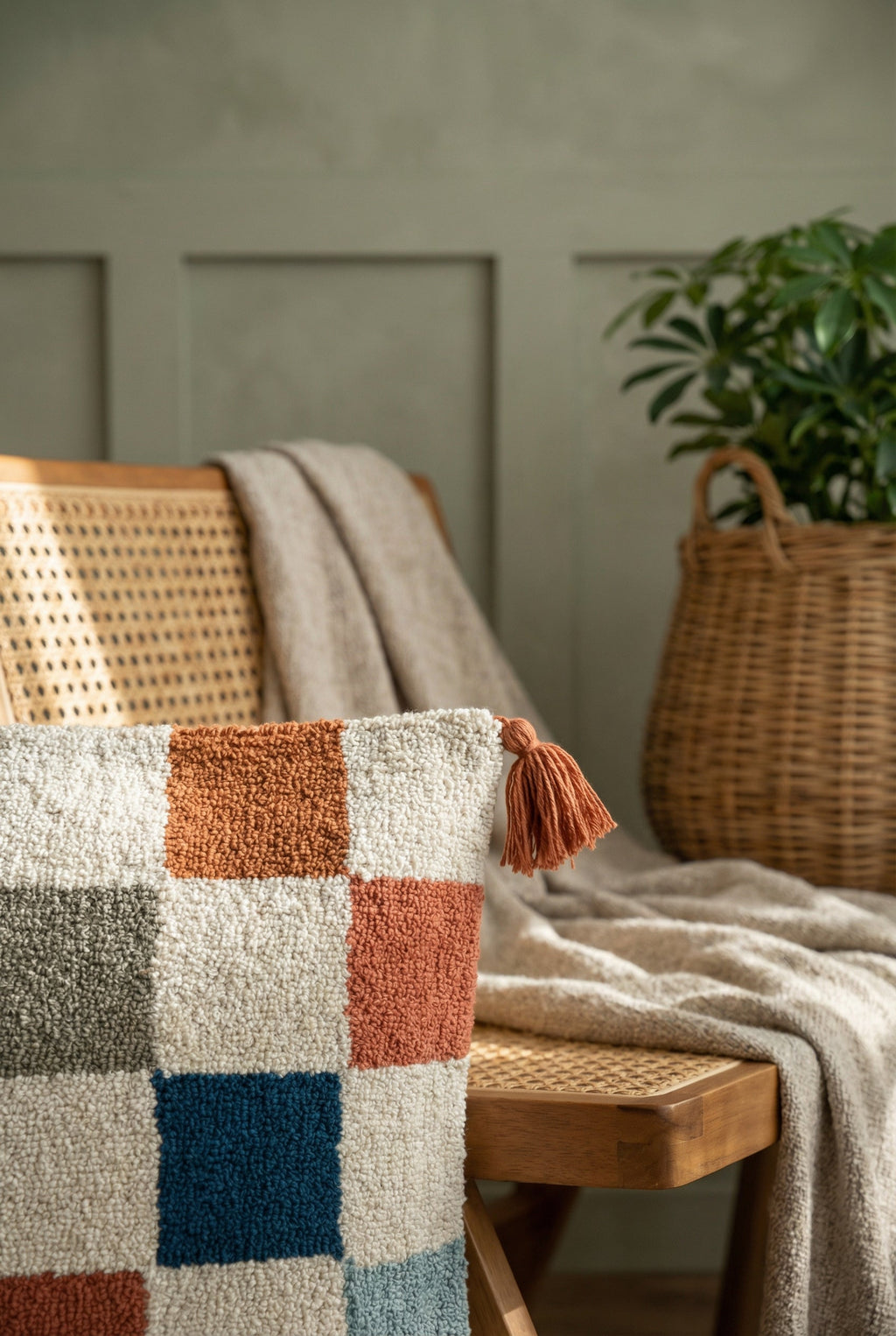 Multi Color Checks Embroidered Cotton Squared Cushion Cover With Tassels