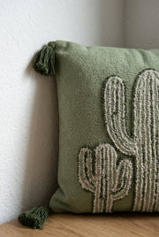 Green & Beige Embroidered Cotton Squared Cushion Cover with Tassel