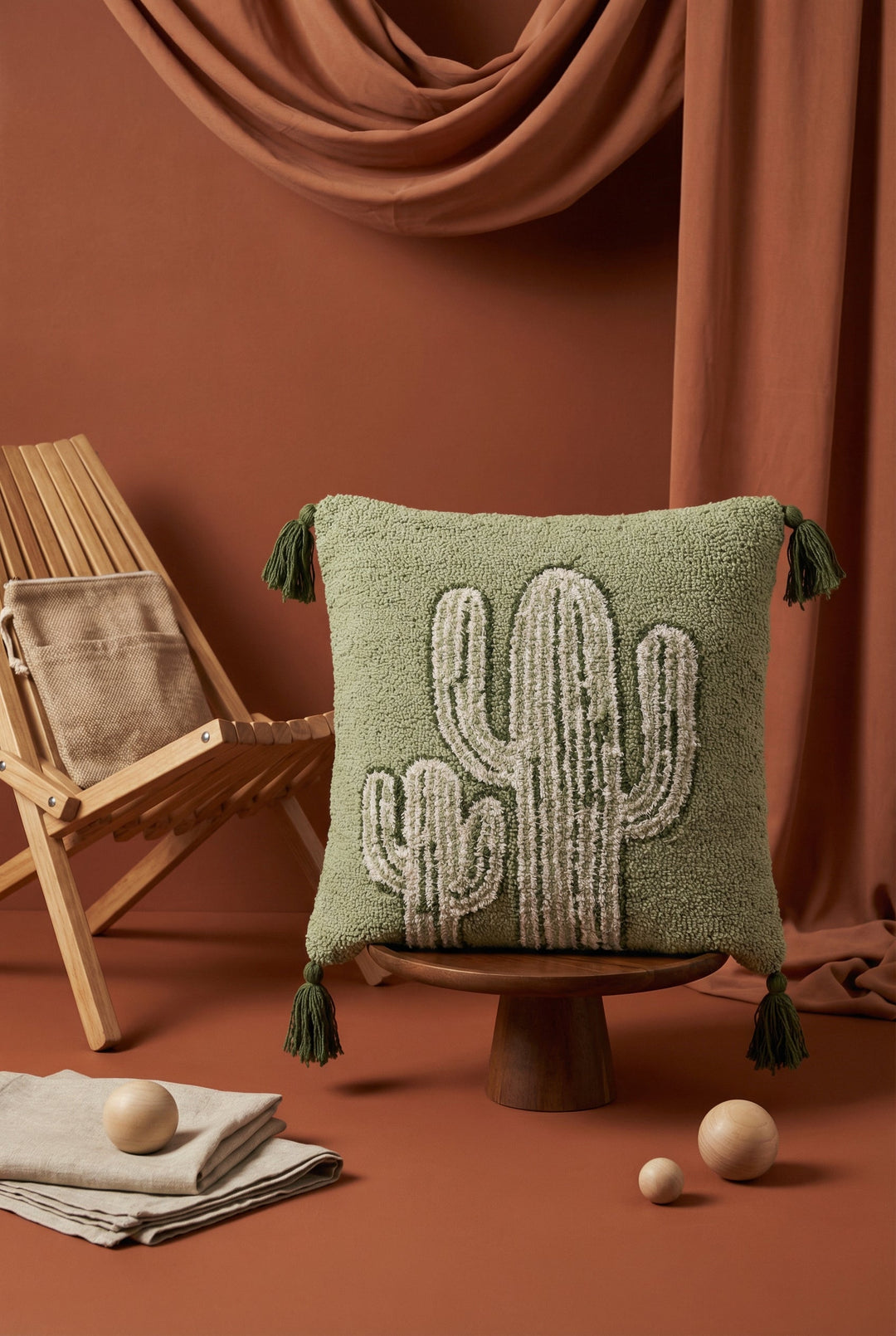 Green & Beige Embroidered Cotton Squared Cushion Cover with Tassel