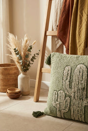 Green & Beige Embroidered Cotton Squared Cushion Cover with Tassel