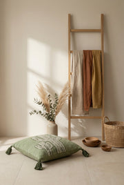 Green & Beige Embroidered Cotton Squared Cushion Cover with Tassel