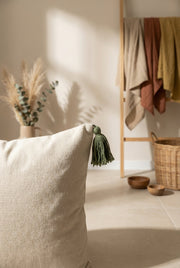 Green & Beige Embroidered Cotton Squared Cushion Cover with Tassel