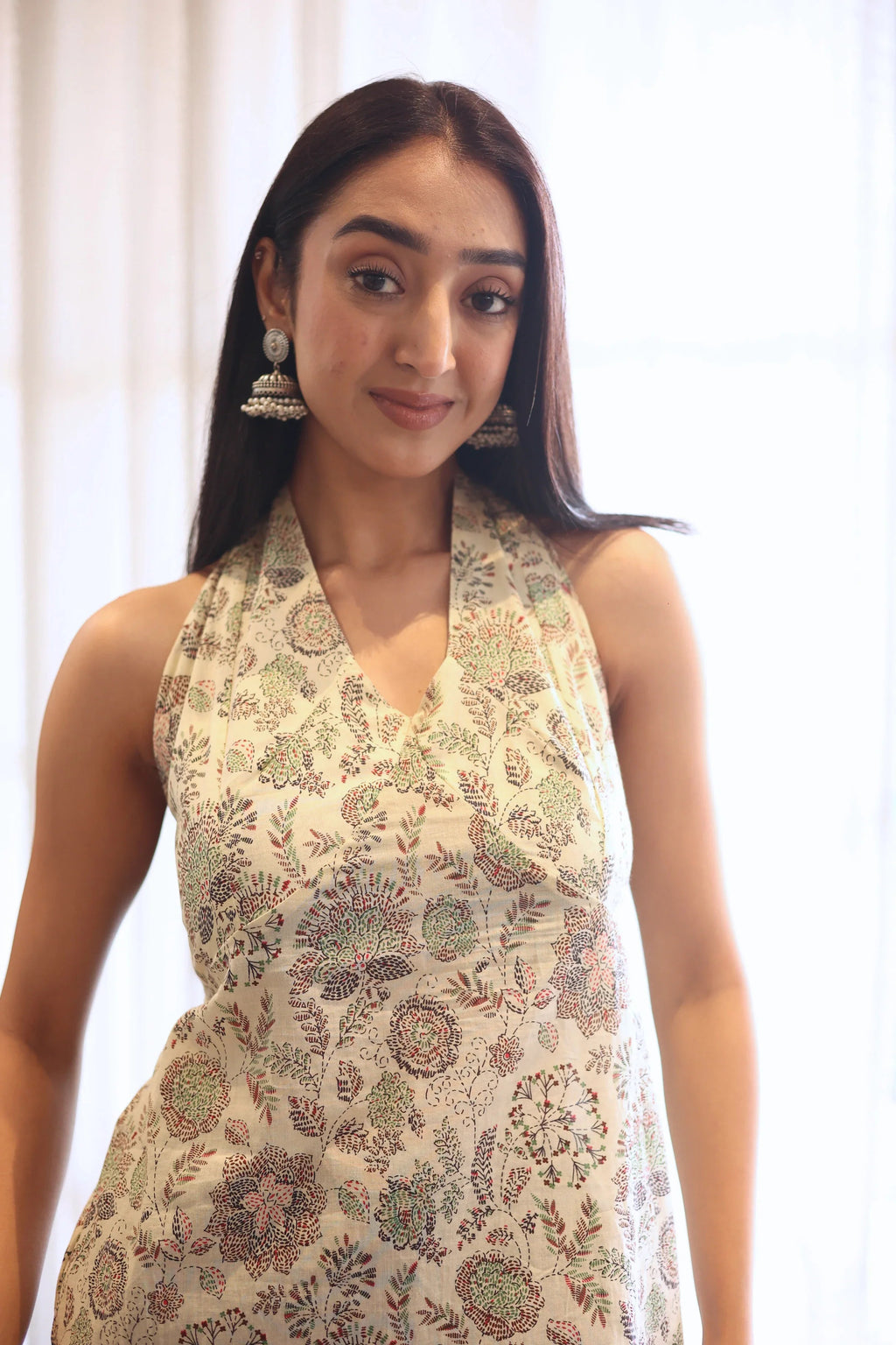 Beige Solid Cotton Tie-Up Neck Top for Women - SanskrutiHomes 