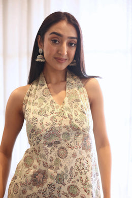 Beige Solid Cotton Tie-Up Neck Top for Women - SanskrutiHomes 