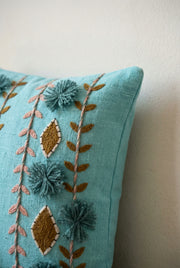 Turquoise Blue Embroidered Cotton Cushion Cover With Floral Motifs