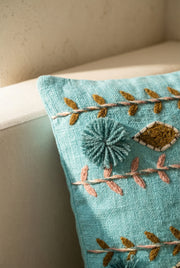 Turquoise Blue Embroidered Cotton Cushion Cover With Floral Motifs