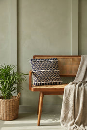 Blue Geometric Embroidered Squared Cushion Cover with Pom-Pom Detailing