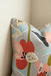 Grey Velvet Squared Cushion Cover With Floral Abstract Design