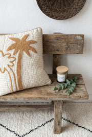 Beige Palm Tree Motif Embroidered Cotton Squared Cushion Cover