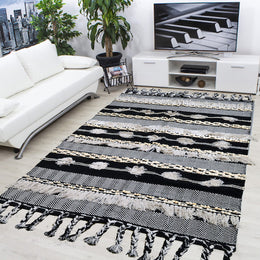 Grey & Black Stripes Print Tufted Rug With Tassels