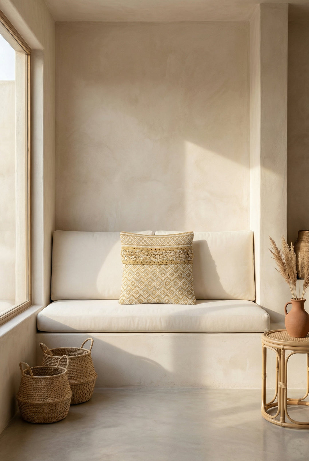 Beige Embroidered Textured  Squared Cotton Cushion Cover