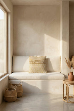 Beige Embroidered Textured  Squared Cotton Cushion Cover