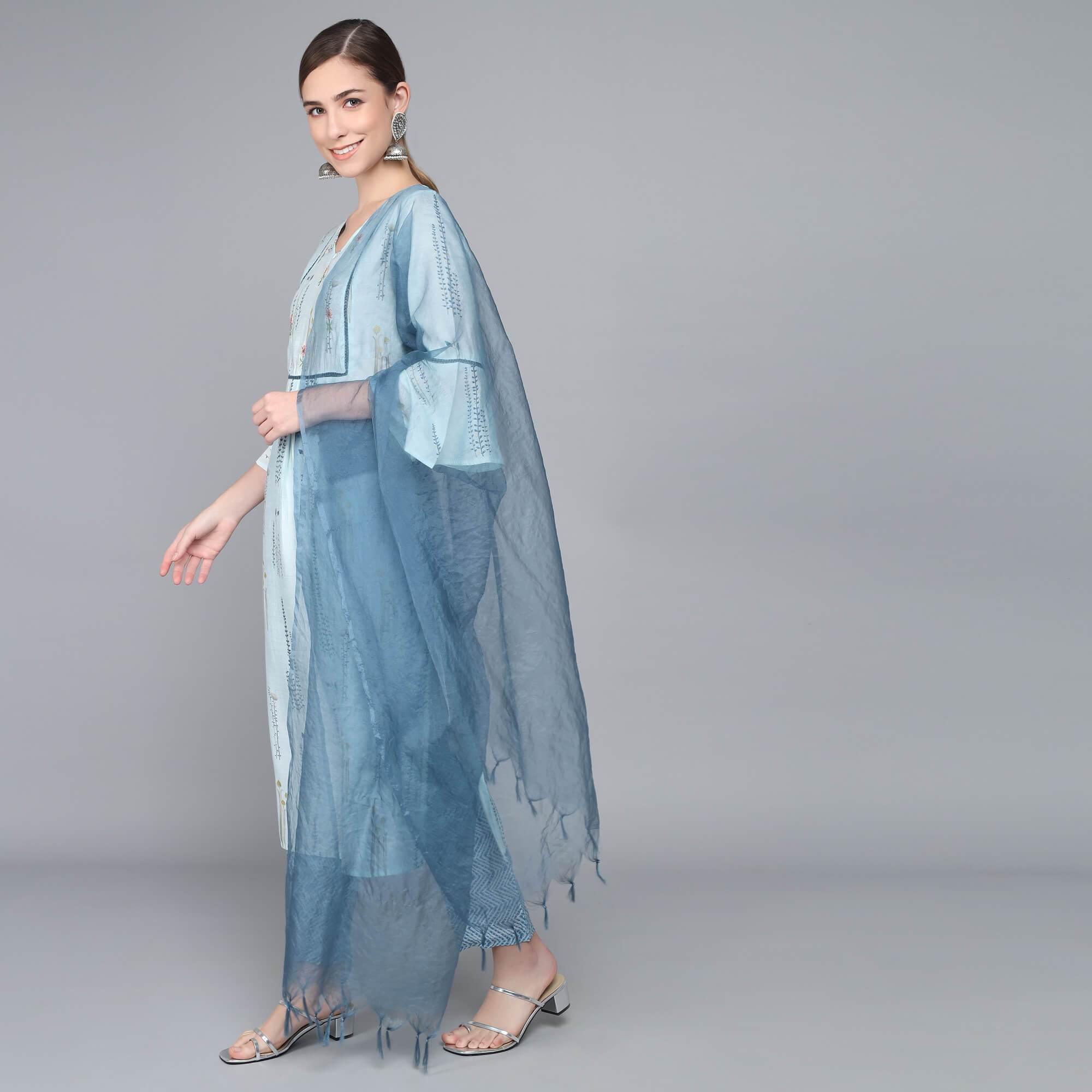 SKY BLUE MUSLIN WOMEN'S KURTA PAJAMA DUPATTA SET - SanskrutiHomes 