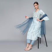 SKY BLUE MUSLIN WOMEN'S KURTA PAJAMA DUPATTA SET - SanskrutiHomes 