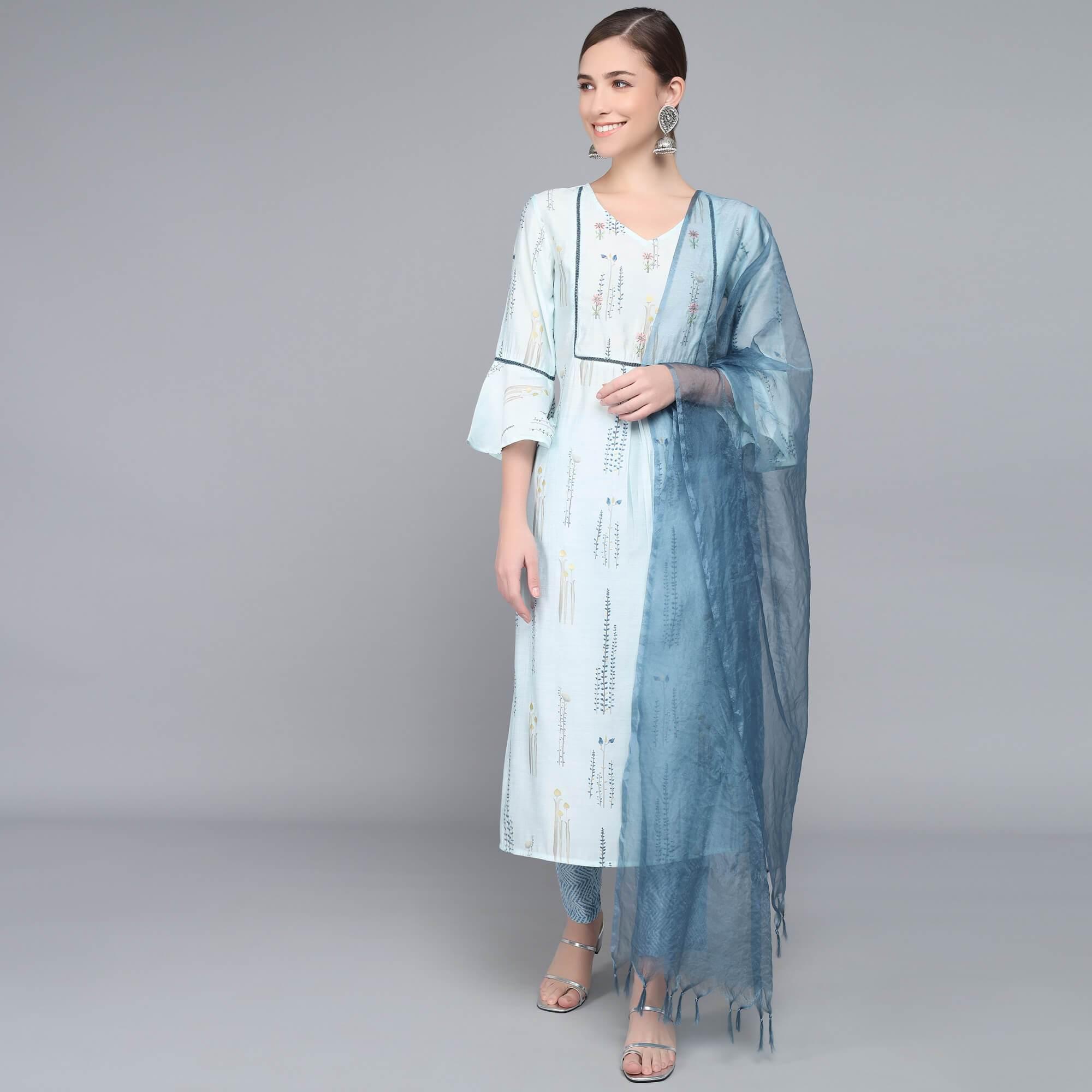 SKY BLUE MUSLIN WOMEN'S KURTA PAJAMA DUPATTA SET - SanskrutiHomes 