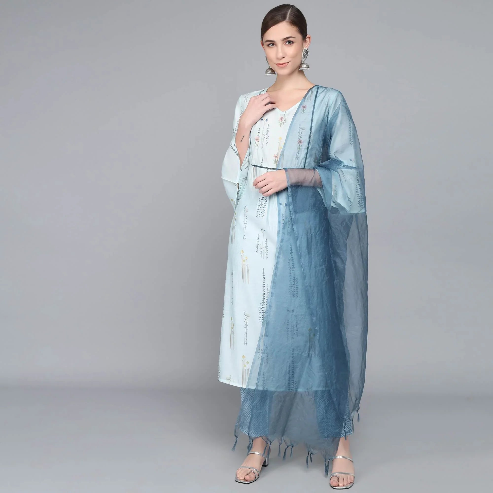 SKY BLUE MUSLIN WOMEN'S KURTA PAJAMA DUPATTA SET - SanskrutiHomes 