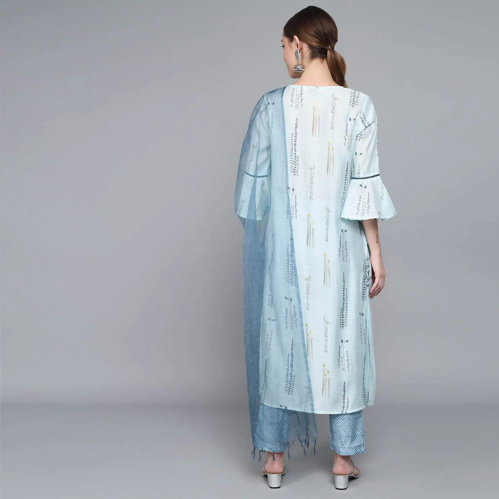 SKY BLUE MUSLIN WOMEN'S KURTA PAJAMA DUPATTA SET - SanskrutiHomes 