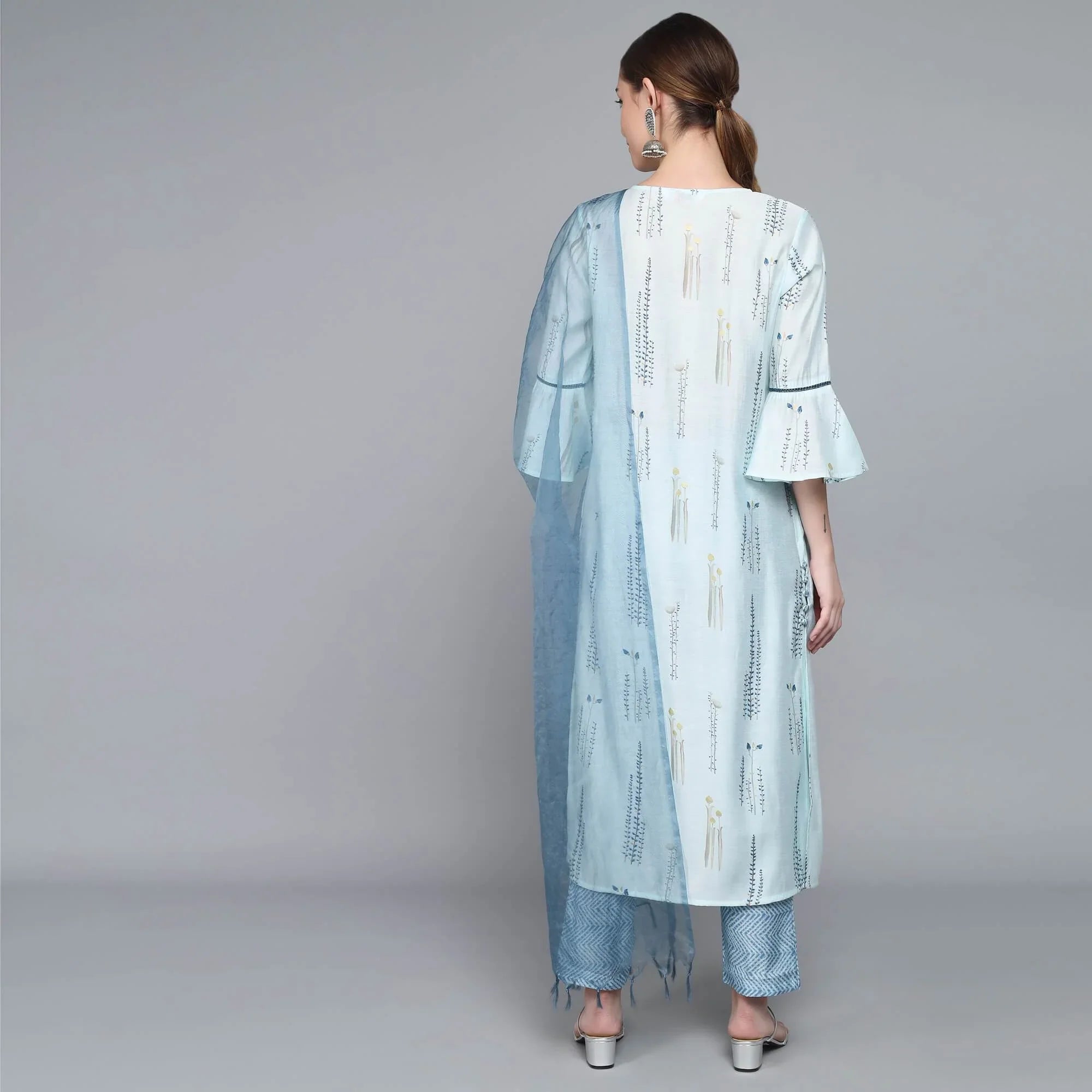 SKY BLUE MUSLIN WOMEN'S KURTA PAJAMA DUPATTA SET - SanskrutiHomes 