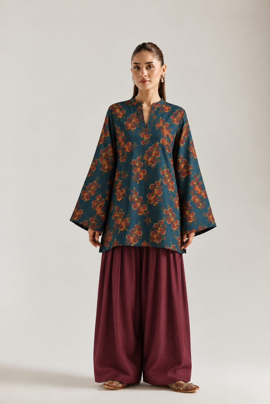 Teal Rust Blossom Farsi Salwar Co-Ord Set For Women
