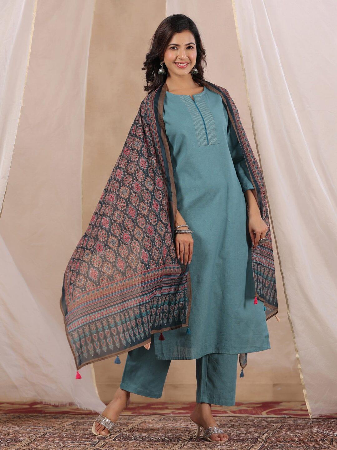 Women Cotton Flex Kurta Set With Chiffon Dupatta - SanskrutiHomes 
