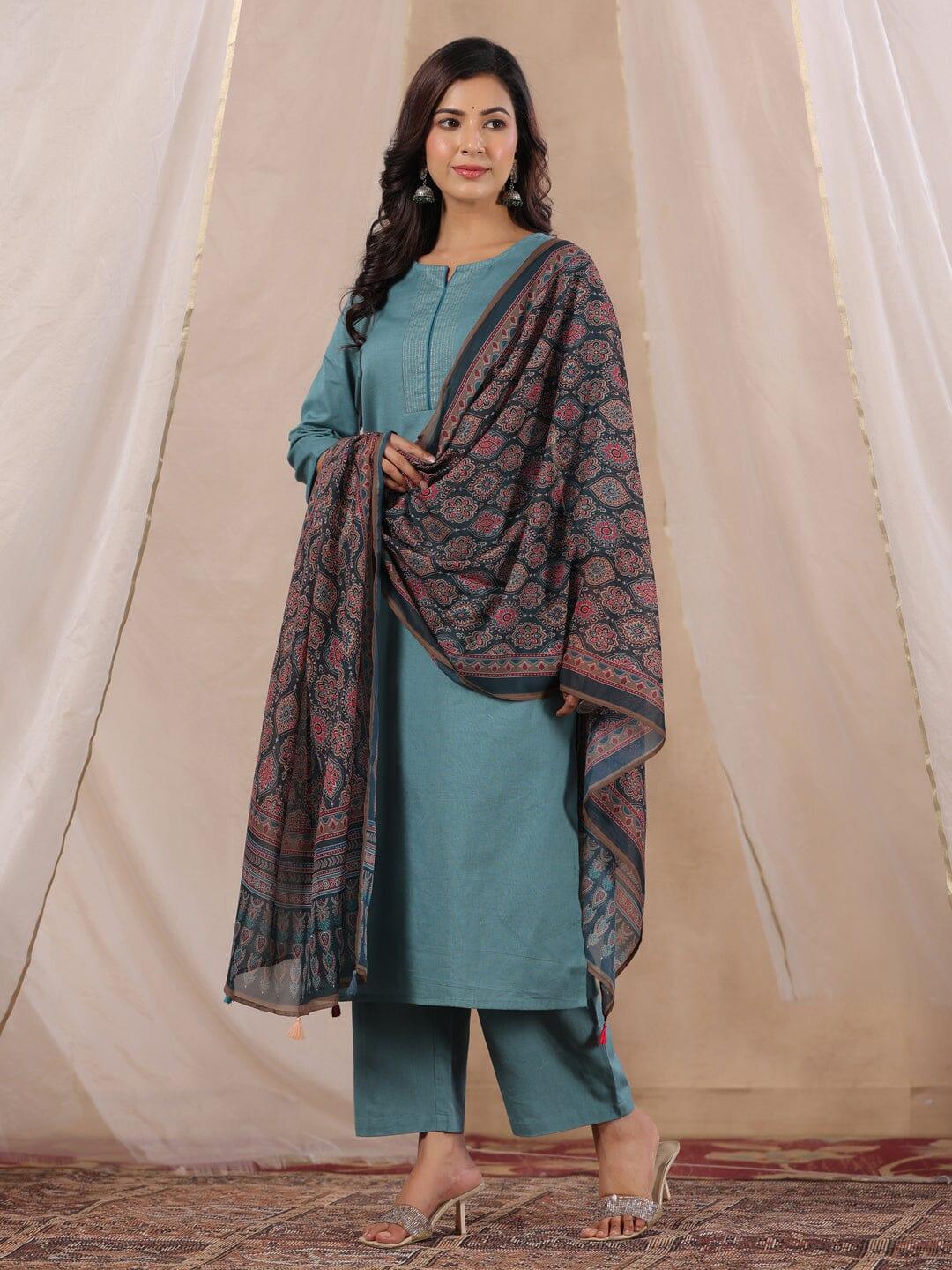 Women Cotton Flex Kurta Set With Chiffon Dupatta - SanskrutiHomes 