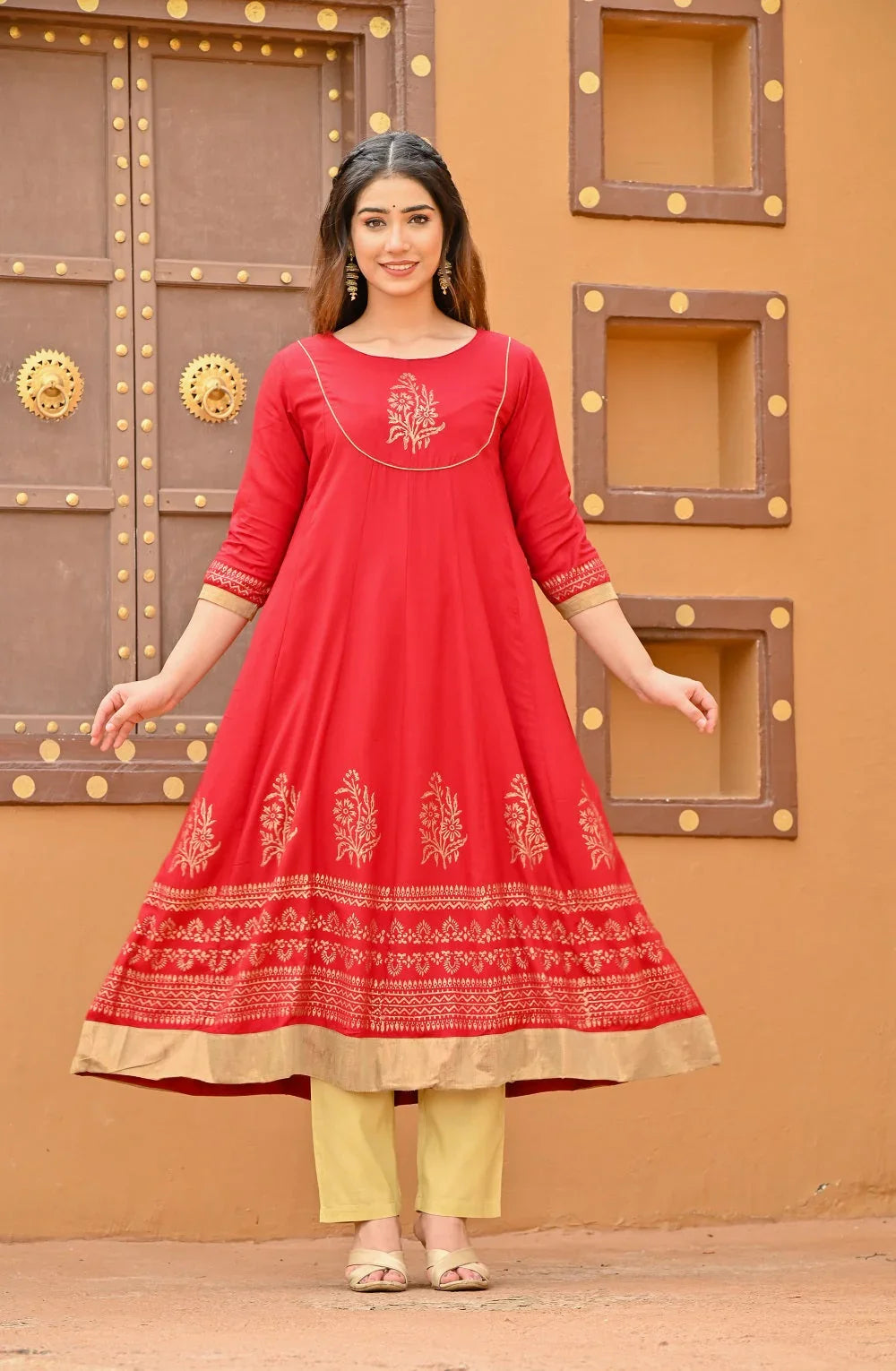 Women mahroon anarkali kurta - SanskrutiHomes 