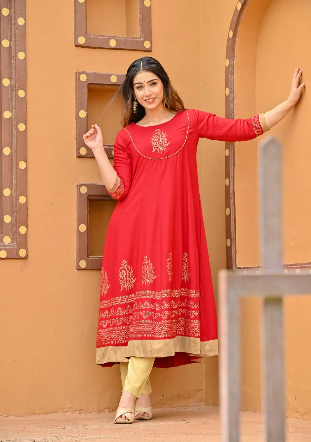 Women mahroon anarkali kurta - SanskrutiHomes 