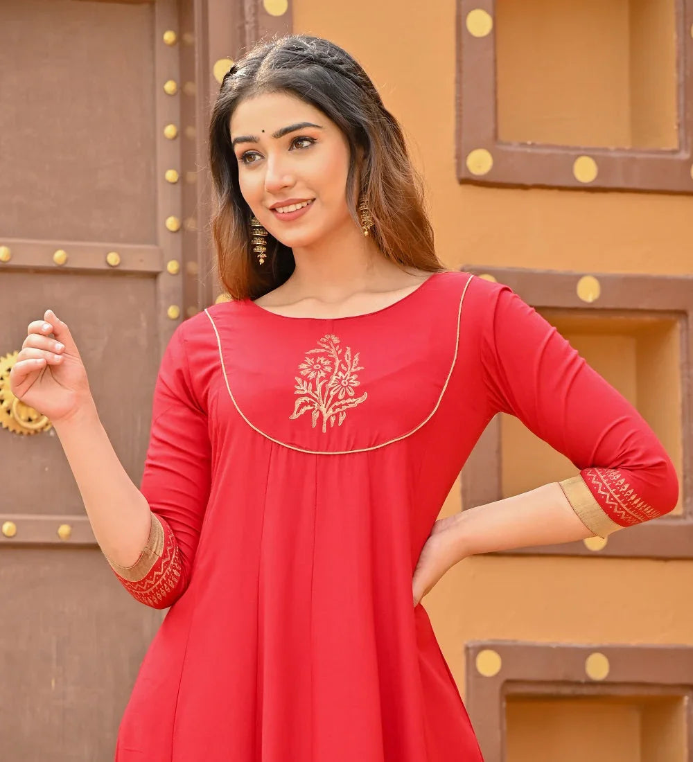 Women mahroon anarkali kurta - SanskrutiHomes 