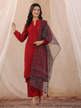 Women Pure Cotton kurta Set with Orgenza Dupatta - SanskrutiHomes 