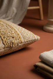 Mustard & Beige Embroidered Cotton Squared Cushion Cover