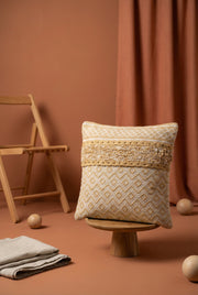 Mustard & Beige Embroidered Cotton Squared Cushion Cover